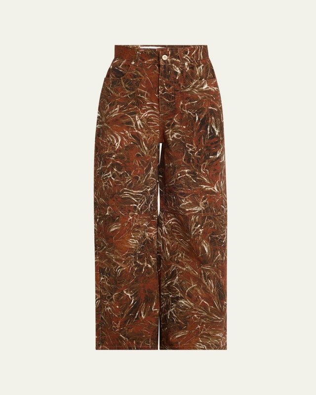 Feather Printed Denim Wide-Leg Pants